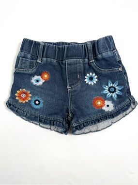 GUESS Girls Floral Embroidered Denim Shorts 3T Boho Cottagecore Ruffle Hem